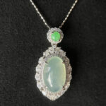 [15.2x9.5x6.4mm] Glassy Icy White Jade Necklace In setting, NOI-5703 | Certified Grade A Jade