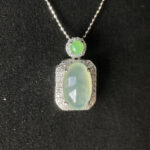[13.9x8.6x5.5mm] Glassy Icy White Jade Necklace In setting, NOI-5715 | Certified Grade A Jade