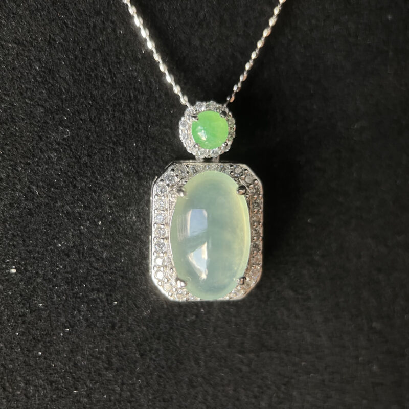 [13.9x8.6x5.5mm] Glassy Icy White Jade Necklace In setting, NOI-5715 | Certified Grade A Jade