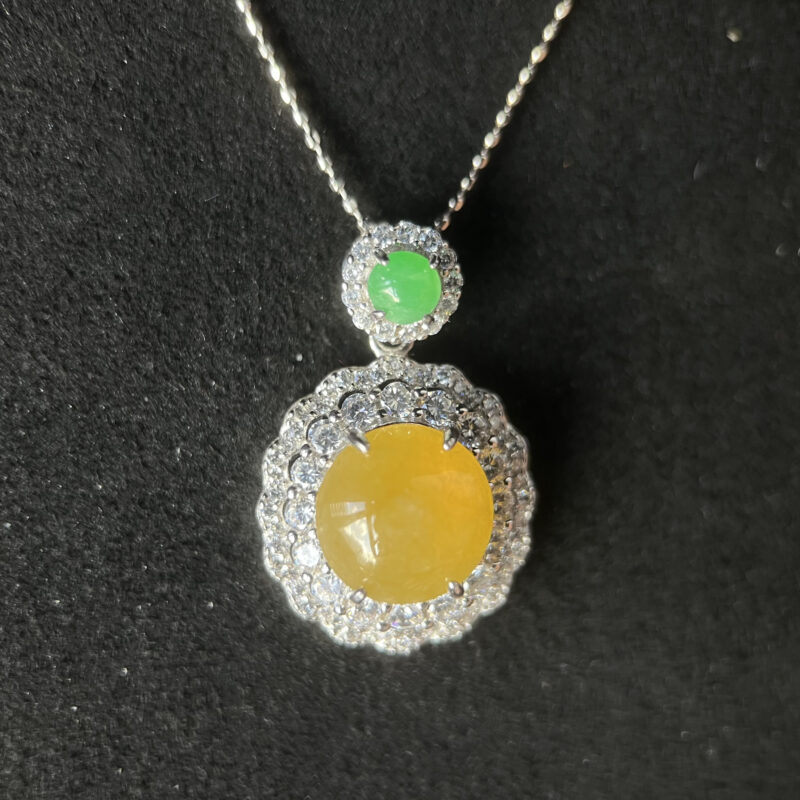 [10.3x10.3x6.6mm] Icy Yellow Jade Necklace In setting, NRY-5733 | Certified Grade A Jade