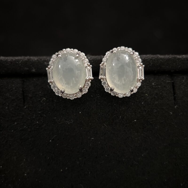 [10.5x7.7x5.8mm] Glassy Icy White Jade Earring In setting, EOI-1963 | Certified Grade A Jade