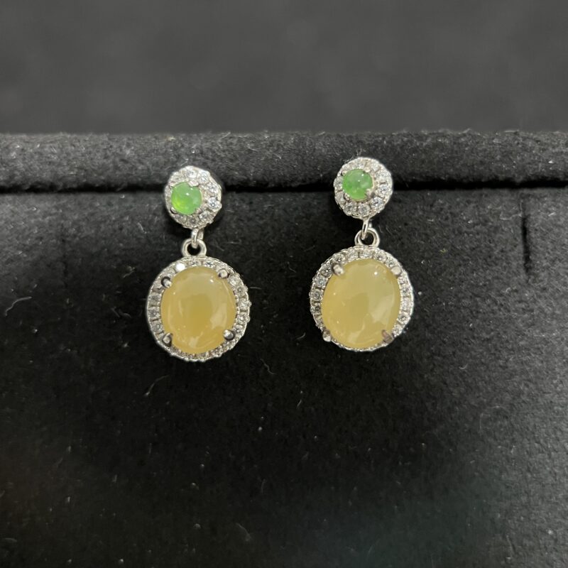 [7x6x3.6mm] Glassy Yellow Jade Earring In setting, EOY-1989 | Certified Grade A Jade