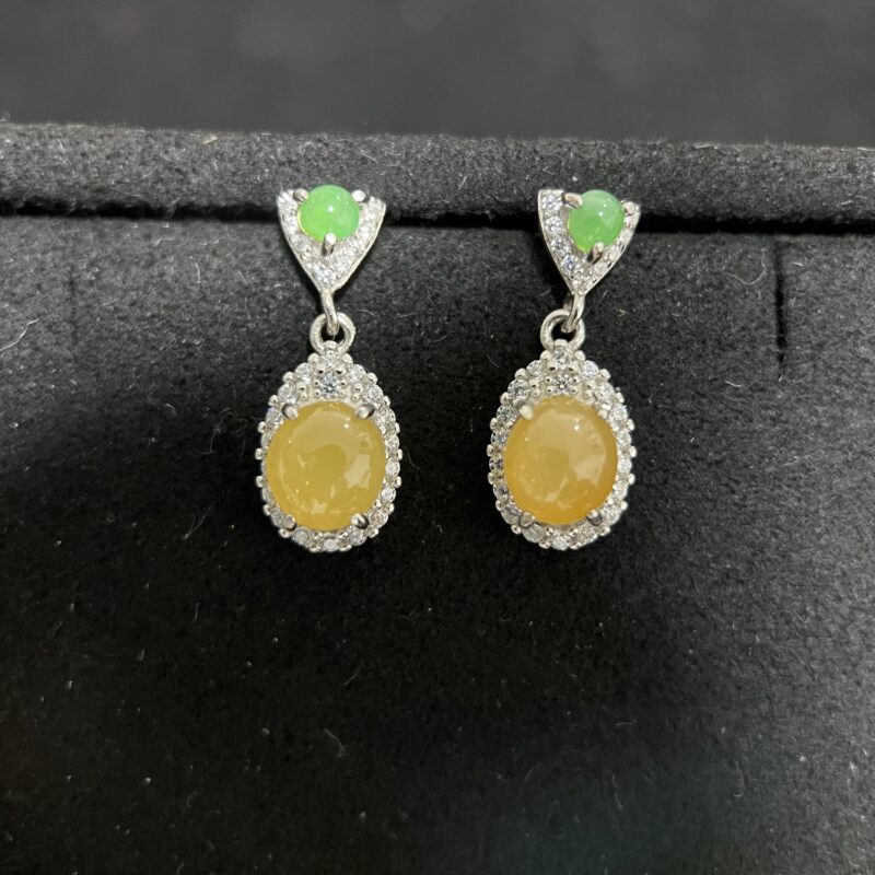 [6.8x5.9x5mm] Glassy Yellow Jade Earring In setting, EOY-2005 | Certified Grade A Jade