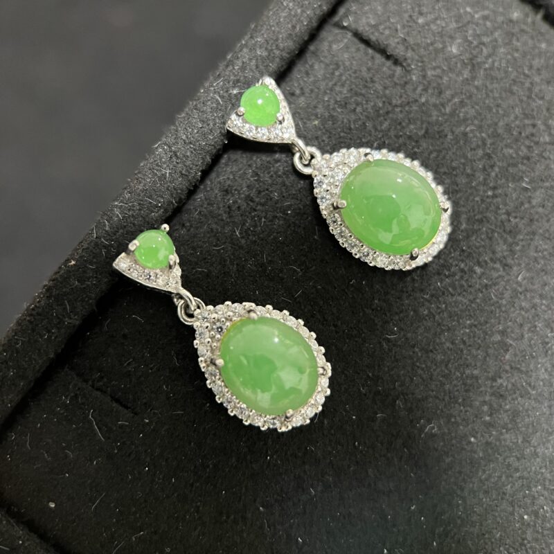 [8.6x7.4x5.4mm] Icy Green Jade Earring In setting, EOG-2020 | Certified Grade A Jade