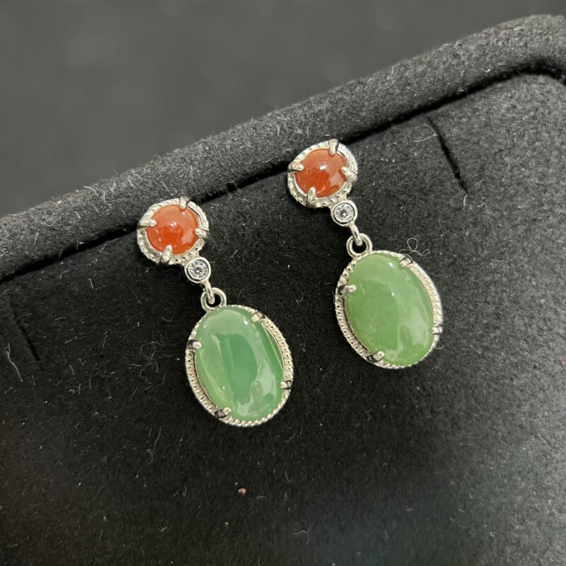 [9.5x6.6x4.7mm] Icy Green Jade Earring In setting, EOG-2027 | Certified Grade A Jade