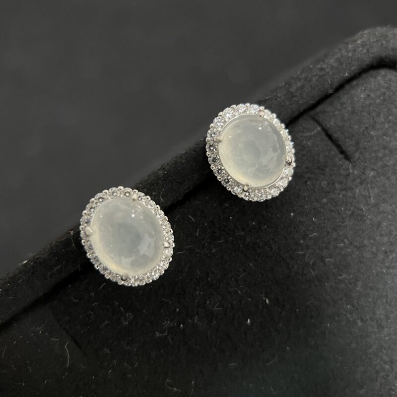 [9x7.5x5.2mm] Glassy Icy White Jade Earring In setting, EOI-2044 | Certified Grade A Jade