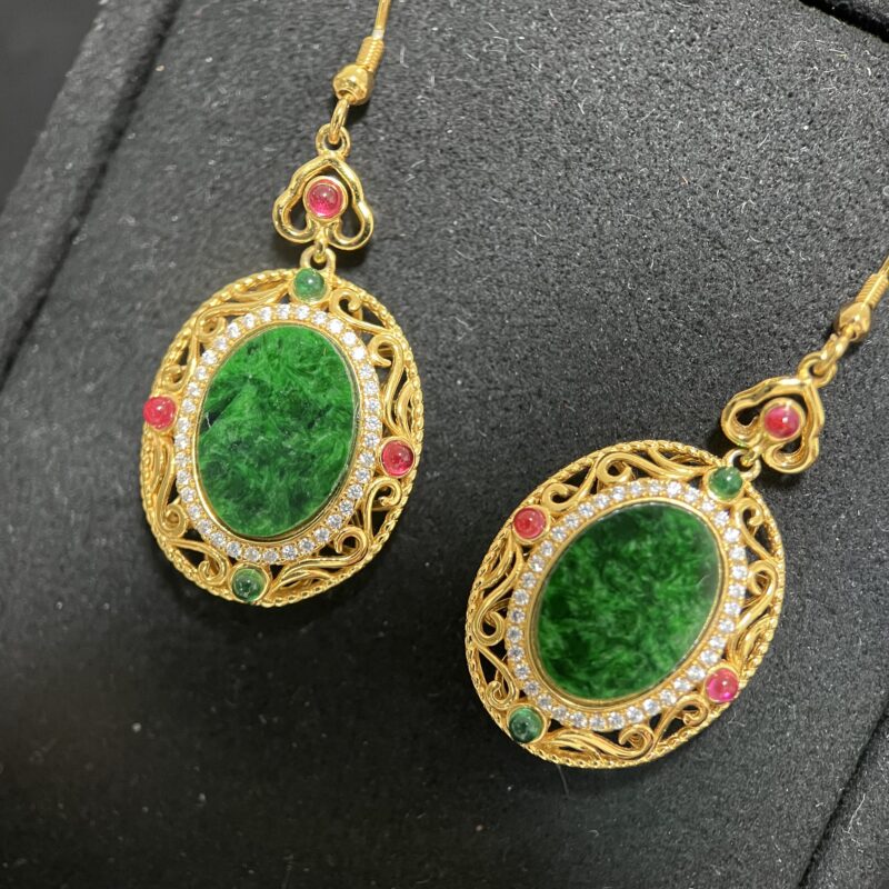 [14.1x10.6x1.5mm] Glassy Green Jade Earring In setting, EOG-2059 | Certified Grade A Jade