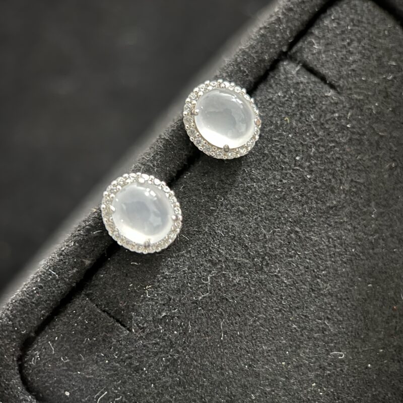 [7.4x6.4x3.9mm] Glassy Icy White Jade Earring In setting, EOI-1950 | Certified Grade A Jade