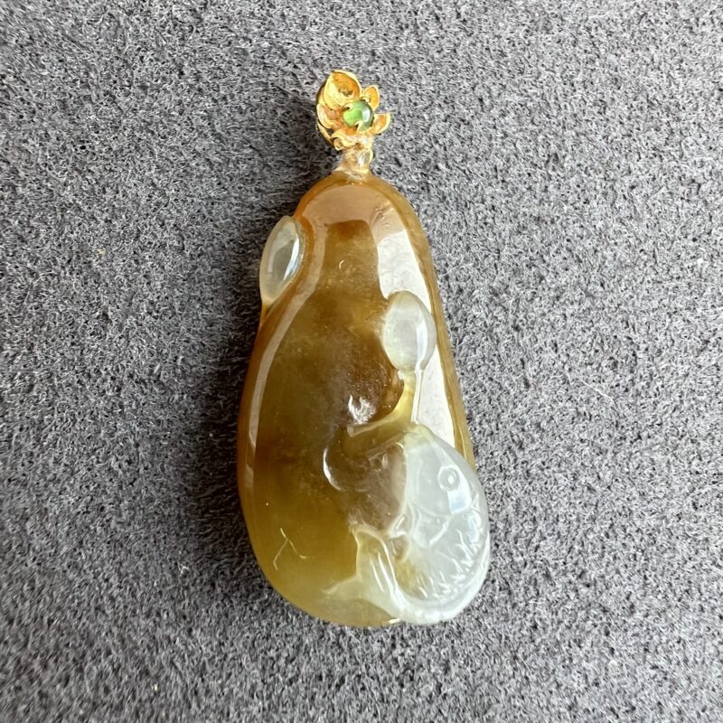 Icy Orange Jade Pendant 18K Gold, Lotus and Fish, PLO-5010 | Certified Grade A Jade