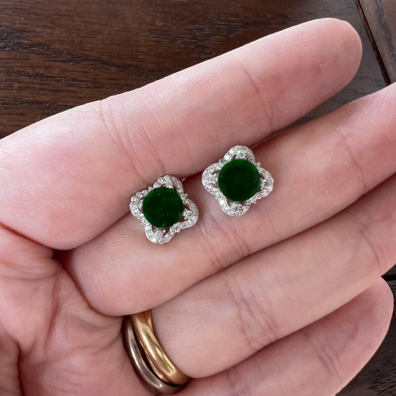[6.5x6.5x1.5mm] Glassy Green Jade Earring In setting, ESG-7505 | Certified Grade A Jade
