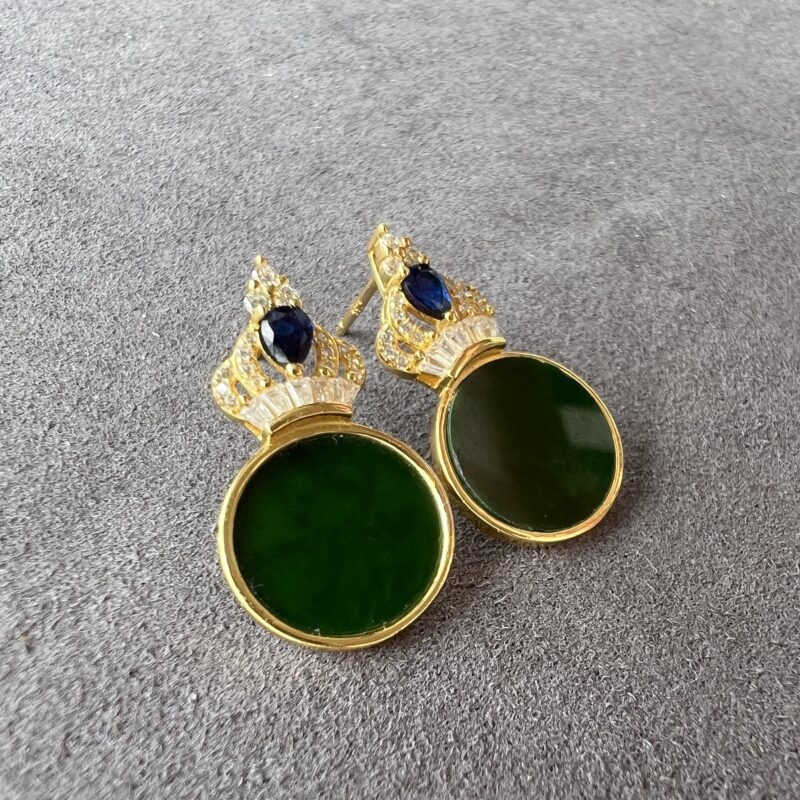 [13.2x13.2x2mm] Glassy Green Jade Earring In setting, ERG-7506 | Certified Grade A Jade