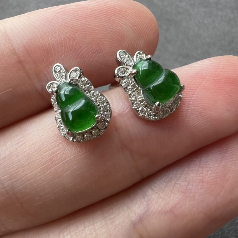 [10x10x3.5mm] Icy Green Jade Earring Hu Lu, In setting, EHG-8273 | Certified Grade A Jade