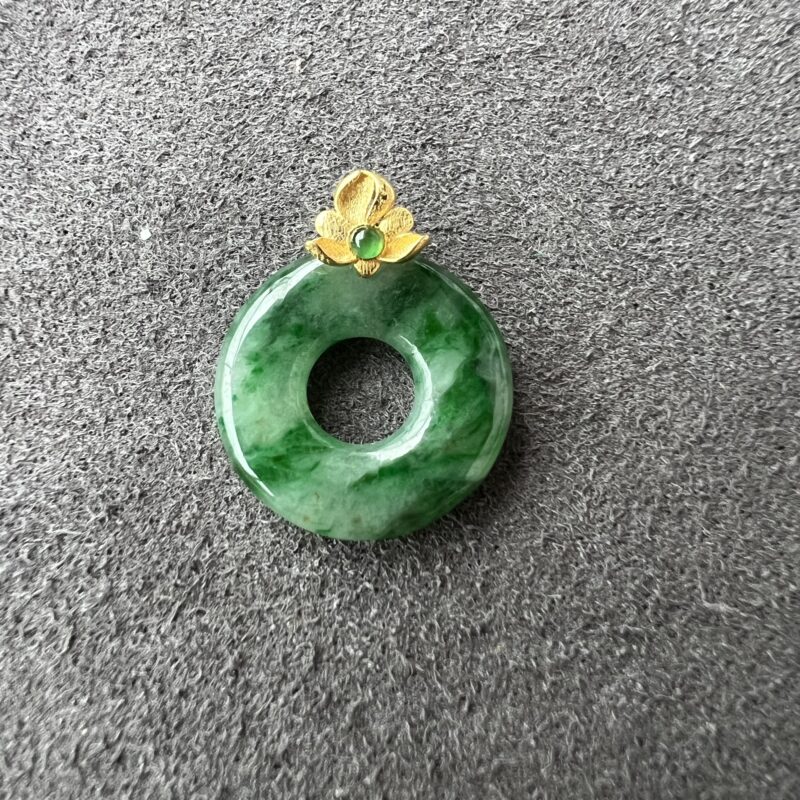Icy Green Jade Pendant 18K Gold, Button (Ping An Kou), Circle, PCG-9846 | Certified Grade A Jade