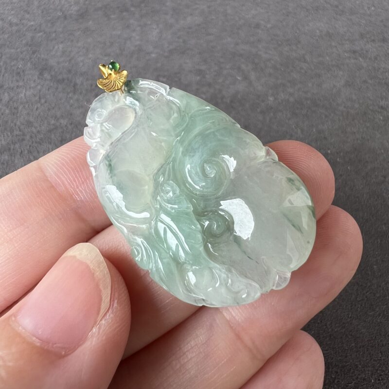 Icy Green Jade Pendant 18K Gold, Ru Yi, PRG-9338 | Certified Grade A Jade