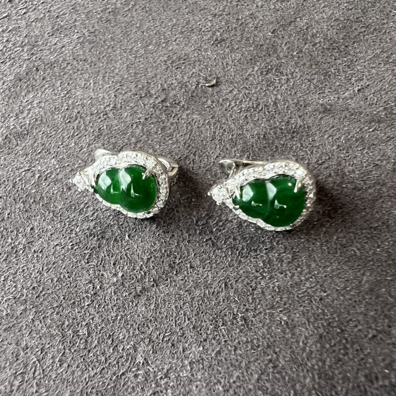 [7.7x5x-mm] Icy Green Jade Earring Hu Lu, In setting, EHG-1294 | Certified Grade A Jade