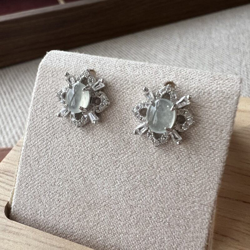 [5.4x5.4x-mm] Glutinous Icy Icy White Jade Earring In setting, EOI-1297 | Certified Grade A Jade