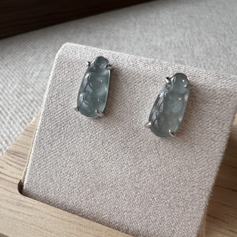 [12.3x12.3x-mm] Icy Icy White Jade Earring Beans (Fu Dou), In setting, EFI-1328 | Certified Grade A Jade