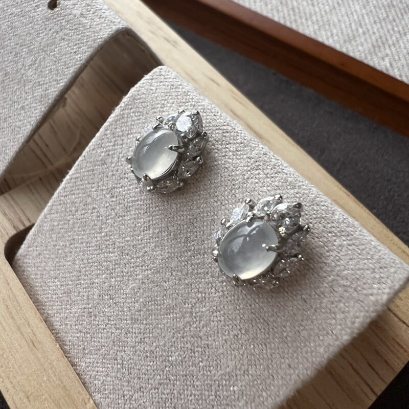 [6.3x6.3x-mm] Icy Icy White Jade Earring In setting, EOI-1331 | Certified Grade A Jade