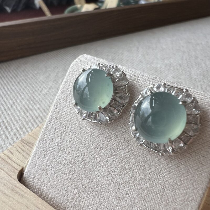 [8.6x8.6x-mm] Icy Blue Jade Earring In setting, EOB-1332 | Certified Grade A Jade