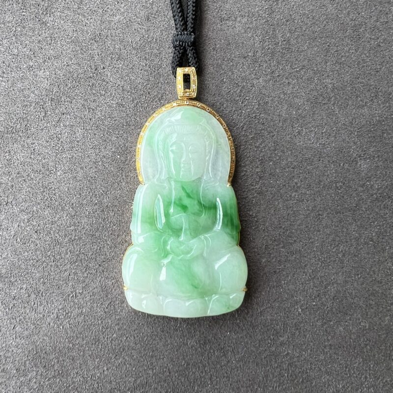 Icy Green Jade Pendant 18K Gold, Guan Yin, PGG-3252 | Certified Grade A Jade
