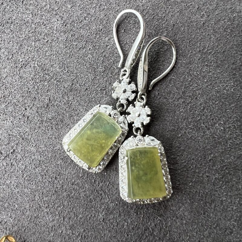 [12x8x2mm] Icy Yellow Jade Earring In setting, EWY-3792 | Certified Grade A Jade
