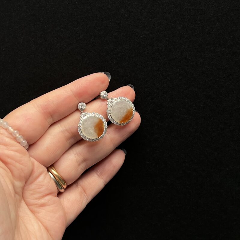 [15x15x3mm] Icy Orange Jade Earring In setting, ERO-4225 | Certified Grade A Jade