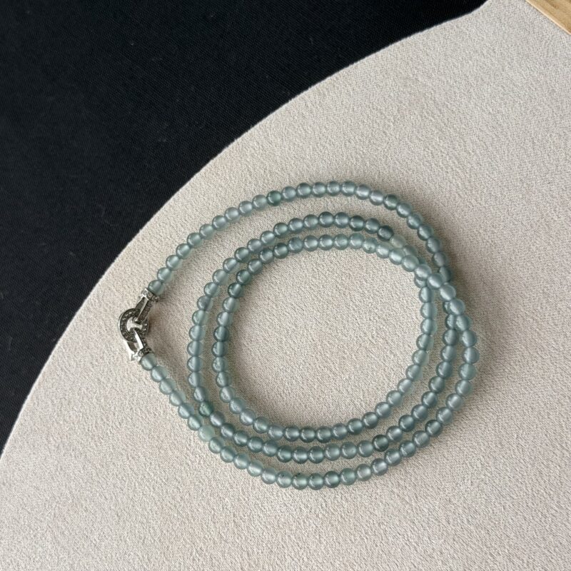 [3mm beads] Icy Glassy Teal Blue-Grey Jadeite Necklace (Design), V3-NTI-3033 | Certified Grade A Jade